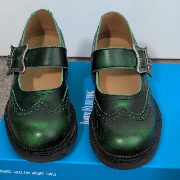 John Fluevog Emerald Green Brogue Mary Janes - Picture 2 of 8